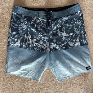Blue Board Shorts with Tie-Dye Design